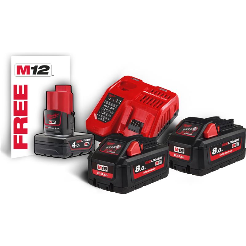 Se Milwaukee M18 HNRG-802 combilader + m12 b4 (4933471073) hos Dorch & Danola A/S