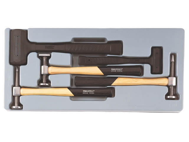 Â Teng Tools Værktøjssæt med 5 dele til karrosseribearbejdning. To uretanhamre og tre forskellige rettehamre.Leveres i indbygningsboks af plast med aftageligt låg. Passer i Teng Tools værktøjskasser og montørvogneArt.nr.12244-0100Teng ToolsNrTTPSADUrethan