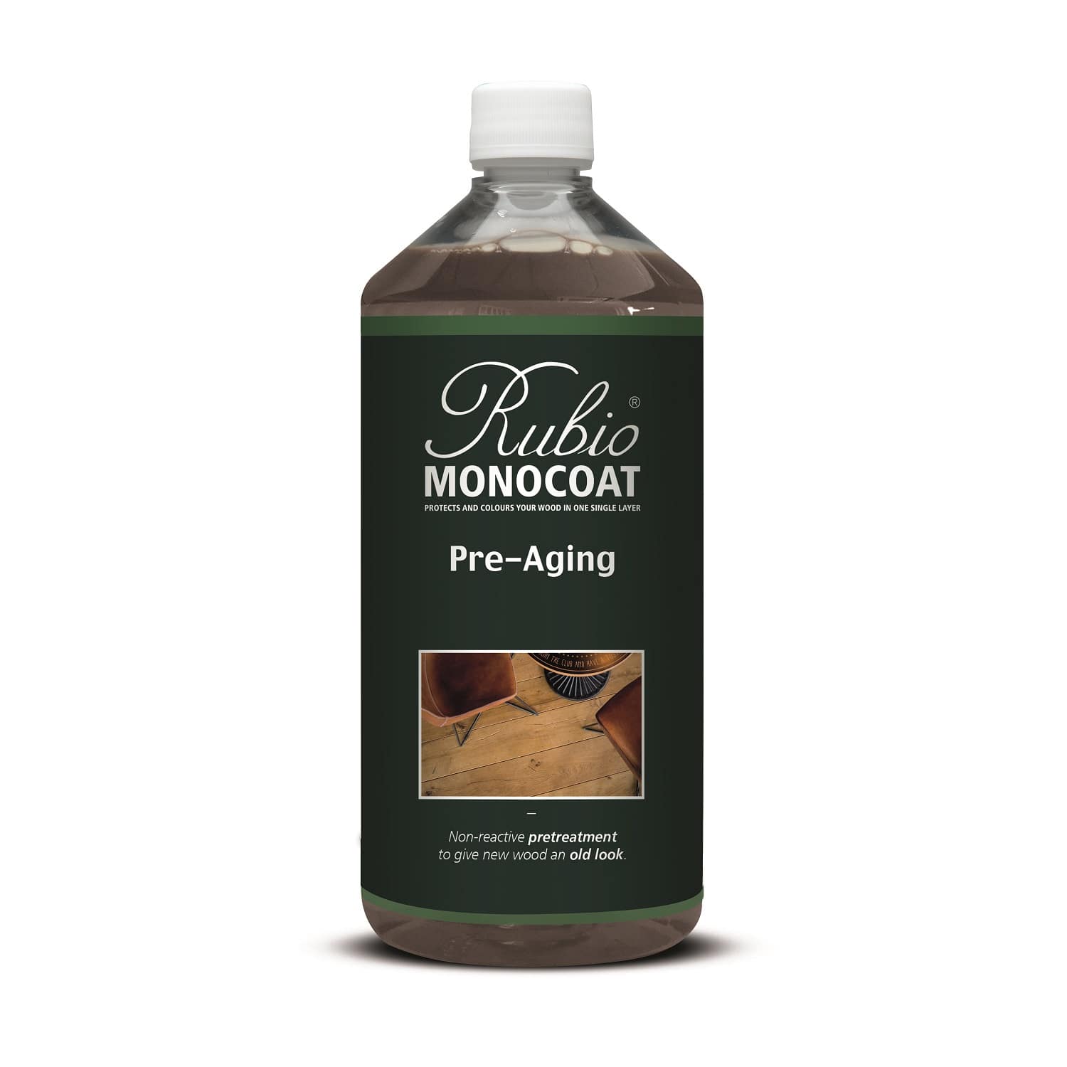 Rubio Monocoat Pre-Aging  -  ÆldningseffektRubio Monocoat Pre-Aging er et ikke-reaktivt forbehandlingsmiddel som skaber en ældningseffekt af træoverfladen. Ved brug opstår effektfulde og levende træmønstre, som giver nyt træ et synligt patina-udseende. De