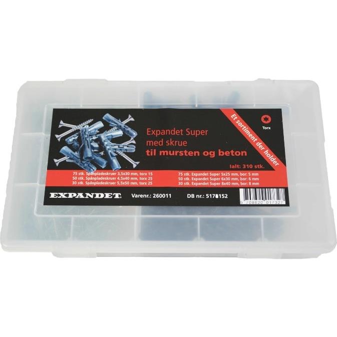 Se EXPANDET Super plugs sortimentsæske med skruer 310stk hos Dorch & Danola A/S