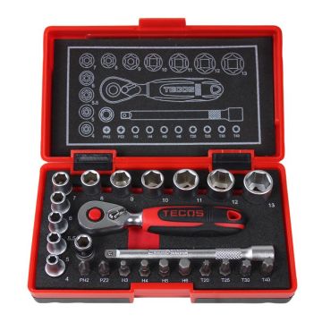 Tecos Topnøglesæt T-0623M, 1/4" - 24 dele, Finmekaniker 34570565