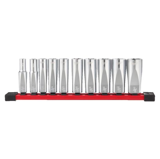 Milwaukee topnøglesæt på skinne IMP lange 3/8" 10-19mm - 10 dele - 4932492510